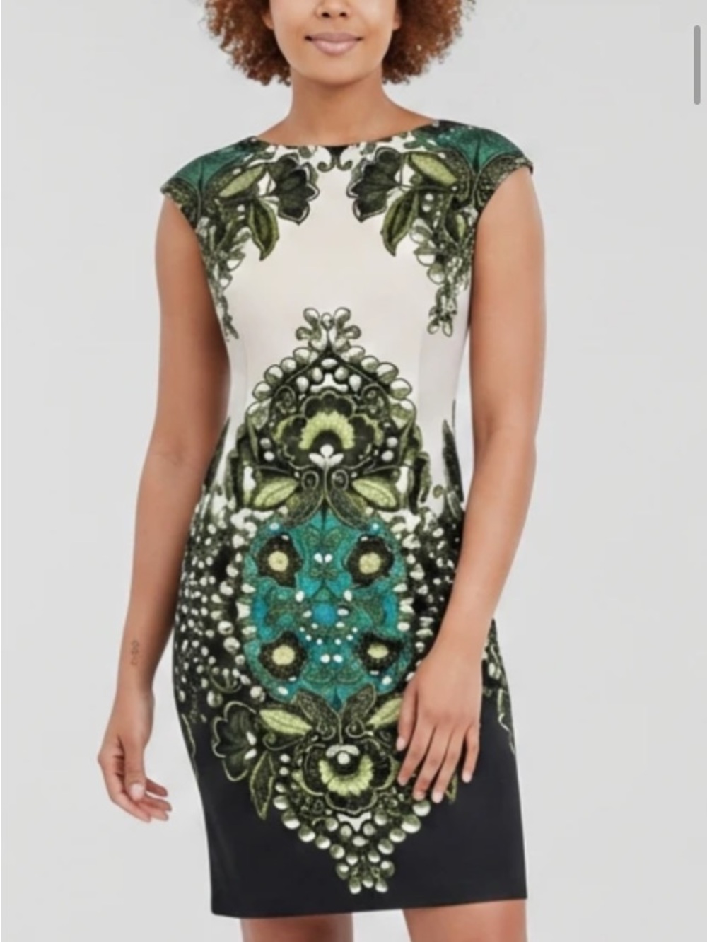 London Times Cream, Green and Teal Ornate-Print Sheath Dress